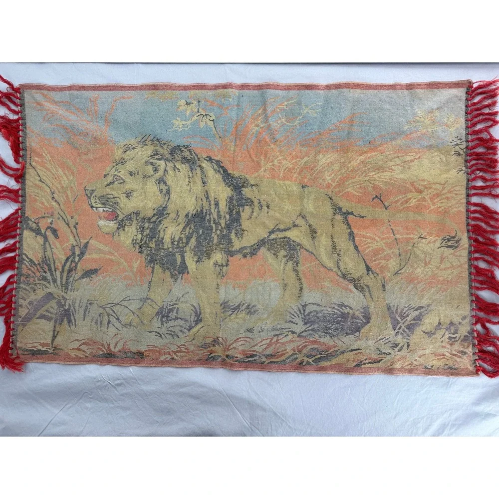 Vintage Lion Tapestry Wall Hanging Orange Jungle Wildlife Fringe 40x23